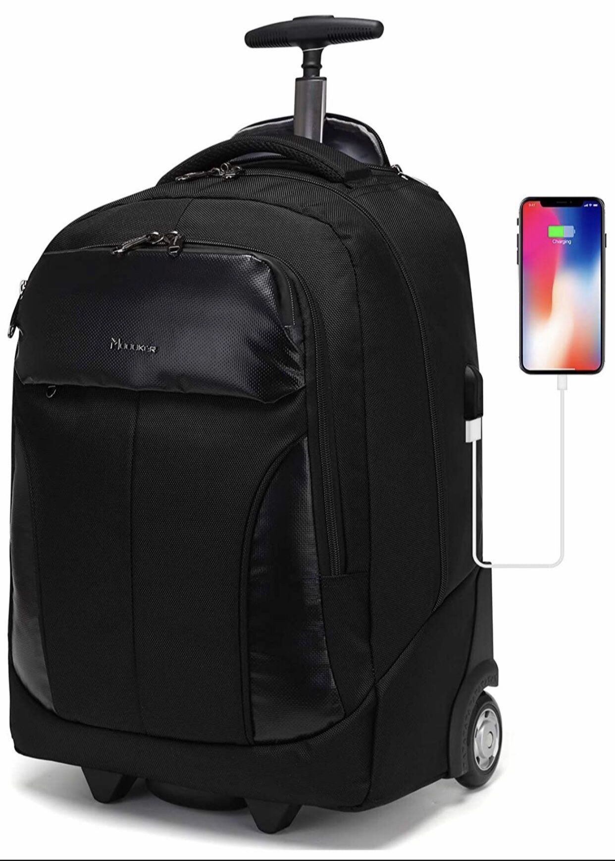 Rolling Backpack for Women Men, Carry On Wheeled Laptop Bag Luggage Suitcase with USB Charging Port for College Student/Travel/Business Work (Charcoal