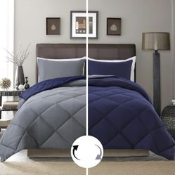 Navy Blue & Gray Reversible Queen Bed Comforter