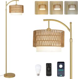 Gold Floor Lamps for Living Room with Remote & Dimmable LED Bulb, Modern Arc Floor Lamp with 3 Color Temperatures, Boho Standing Lamp with Rattan & Fa