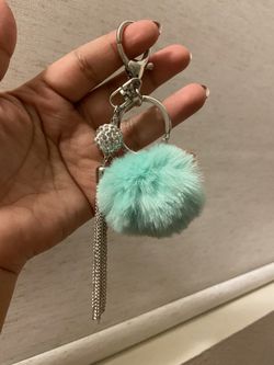 Teal Color Fluffy Poms Poms Keychain