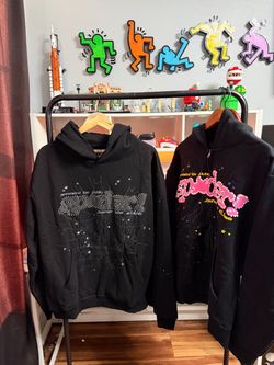 SP5DER BLACK PULLOVER HOODIE RHINESTONE LOGO SPIDERWEB GRAPHIC PRINT