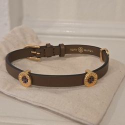 Brand New Tory Burch Britten Rolled Brass Brown Enamel Single Wrap Leather Bracelet