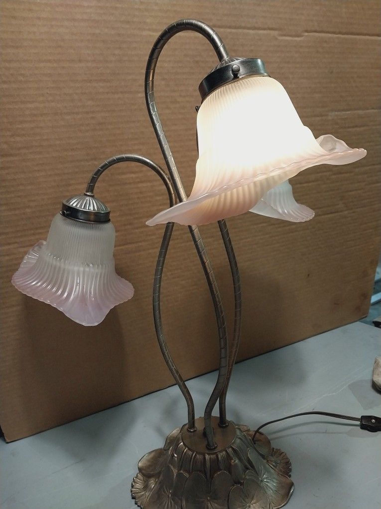 Vintage L&L WMC Brass Lily Lamp Gooseneck 3 Stem Pink Frosted Glass Art Nouveau