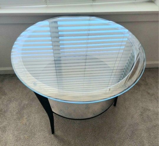 Coffee Side Table In Brown Copper Color Metal Abd Round Beveled Glass Top 24" Across, Indoor And Outdoors Use