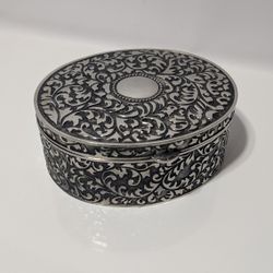6.5in Engraved Oval Hinged Metal Trinket Box Floral Scroll Design Antique Style

