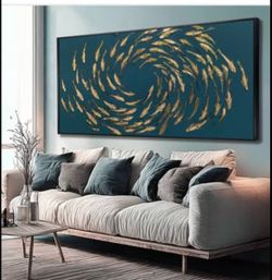 Large Gold Fish Wall Art 29x58 Framed Canvas Ocean Coastal Living Room Wall Decor