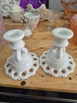 Milk Glass Candlestick Holders Pair