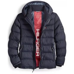 Tommy Hilfiger Mens hooded Quilted puffer Jacket Midnight Navy -NEW with Tag