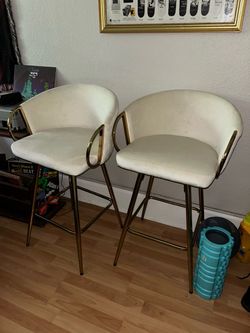 Set of 2 White Velvet Bar Stools with Gold Legs
