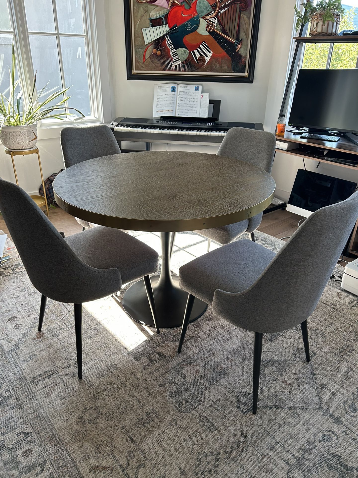 Reclaimed Burnt Oak Bistro Table and 4 Upholstered Chairs