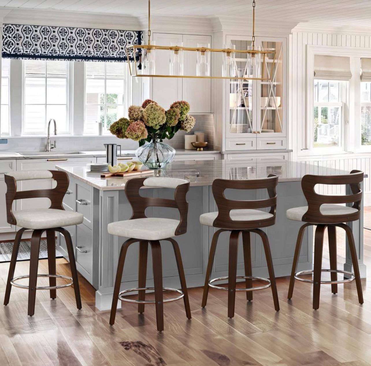 Arabela 26 in. Beige Gray Solid Wood Swivel Bar Stool Faux Leather Kitchen Counter Stool with Walnut Frame Set of 4