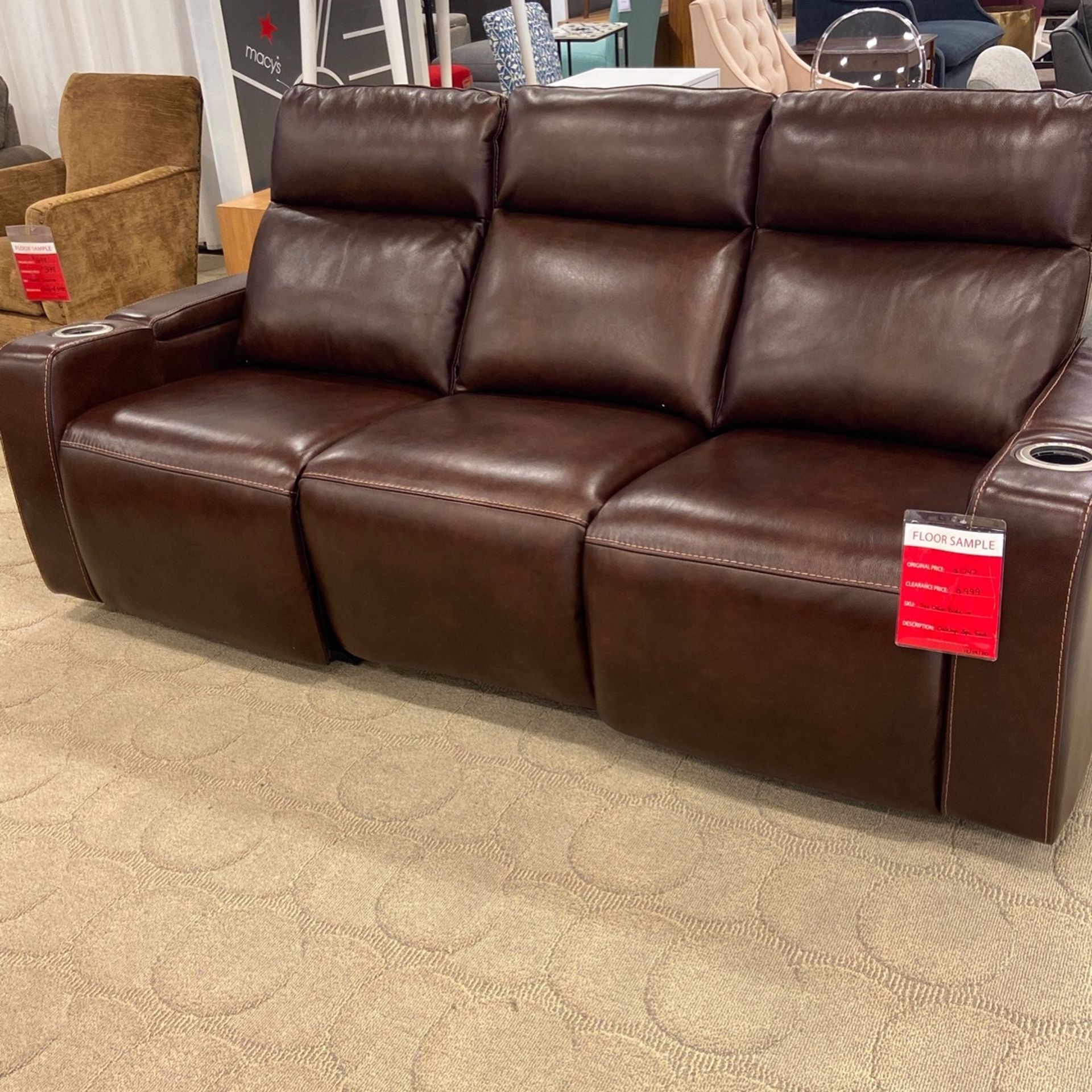Leather Power 3 Recliner With Cup Holders Browm
