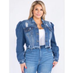 Plus Size Puffed Sleeve Denim Jacket