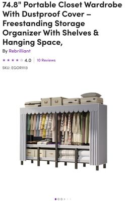 74.8" Portable Closet Wardrobe With Dustproof Cover - Freestanding Storage Organizer With Shelves & Hanging Space, Dark Gray