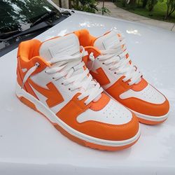 Pair of Men’s Size 10.5 US Off-White Orange White Leather Sneakers. 
