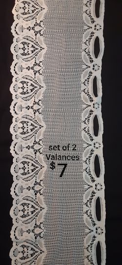 Set of 2 white pretty crochet-like Valance Curtains, 56"w x 11"L each, excellent cond., washable
