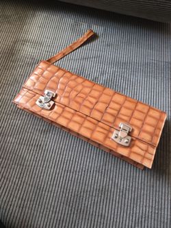 Tan Croc-Embossed Leather Clutch Wristlet