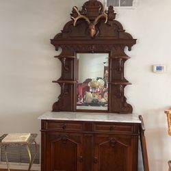 Victorian Stag Head Marble Top China Cabinet