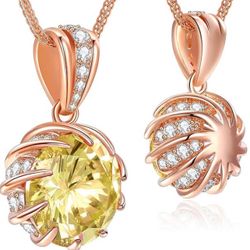 CeaKIev 6.0Carat (12.0mm) Round Cubic Zirconia Pendant Necklace 41 Accent Diamond-Cut Stones 18K Gold Platecd Rose Gold Chain Adjustable (18"+2") Wome