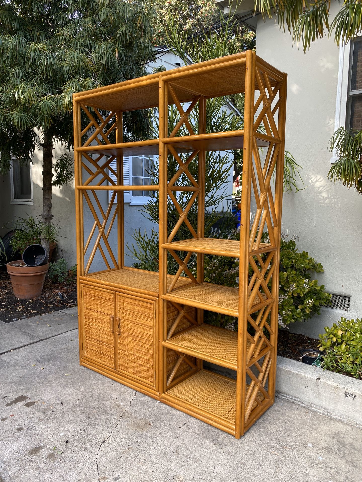 Vintage Boho Rattan Bamboo Wicker Shelf Etagere Shelving Unit Display Cabinet Shelves Console