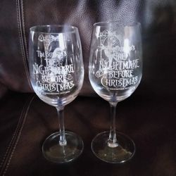 Pair Of The Nightmare Before Christmas Wine Glasses  No Box Excellent Condition 15-20 Years Old Collectable Rare Halloween Goth