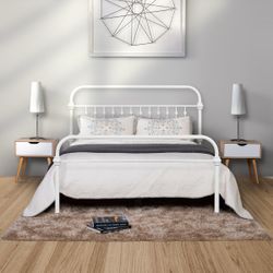 Homy Casa Gobert Mid-Century Queen Metal Bed Frame, White, Open Box