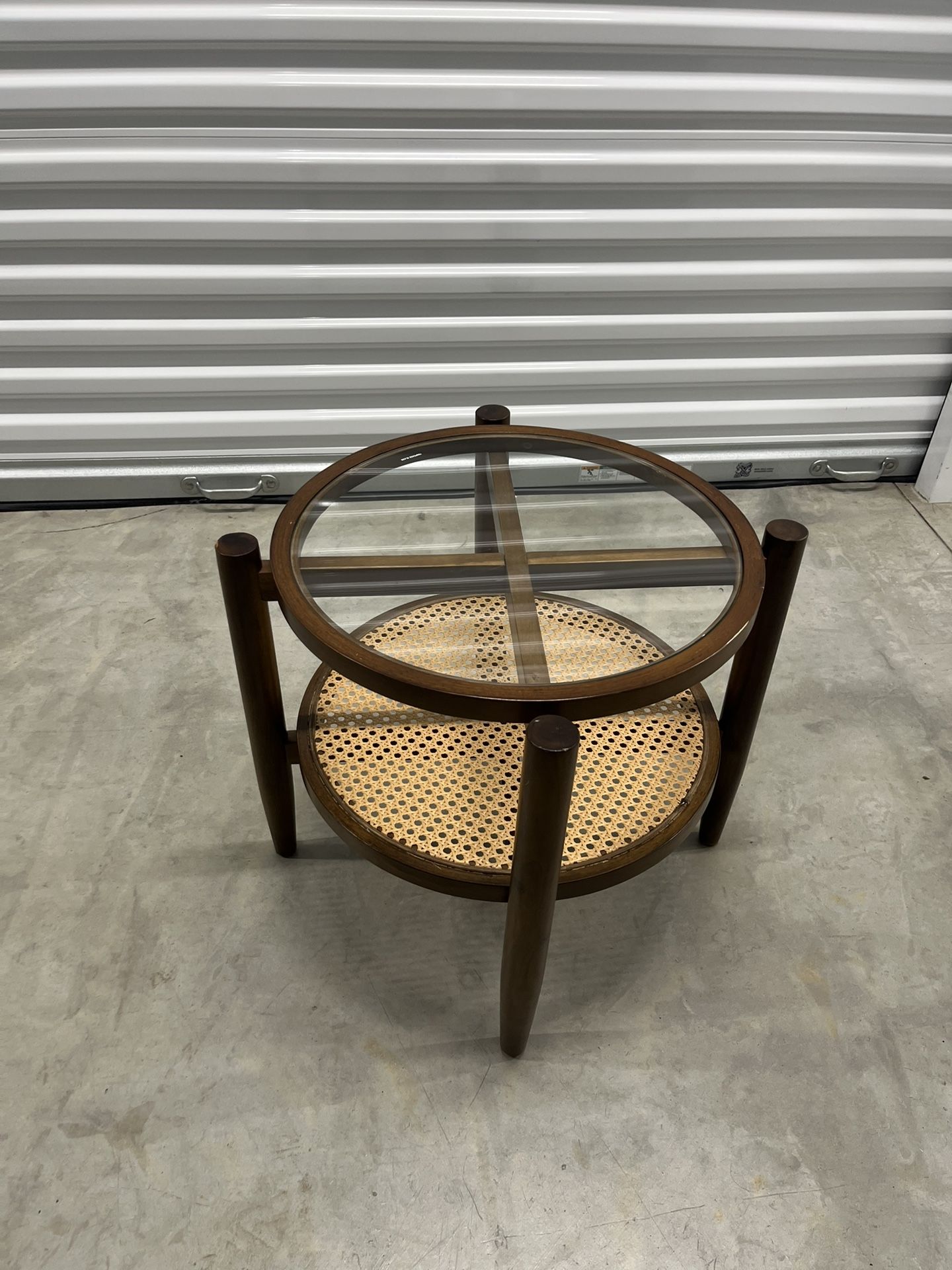 🪵 Rattan + Walnut Boho End Table w/ Glass Top – $60 OBO
