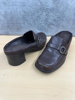 Croft & Barrow Brown Leather Mule Clogs Chunky Block Heel Buckle Strap