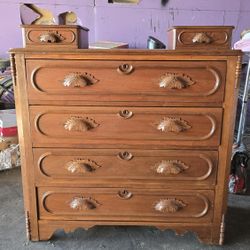 Antique Solid Wood Dresser w/ Carved Details & Glove Boxes