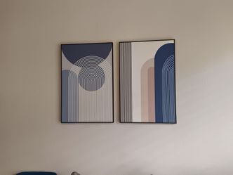 Set of 3 Modern Abstract Framed Wall Art – Blue/Neutral Decor