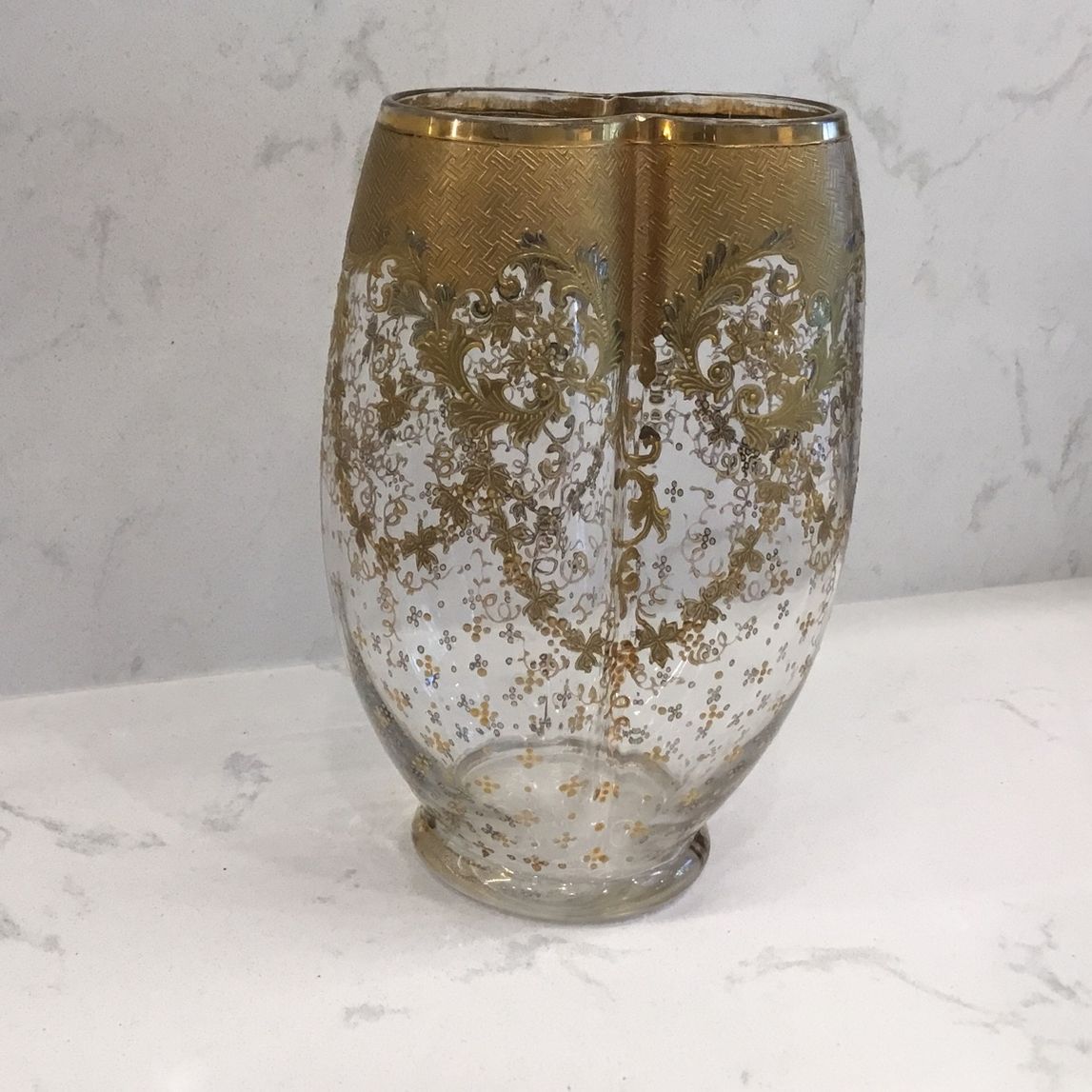 Antique Unusual Shaped Glass Vase With Patterned Gold Color Overlay