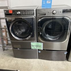 GREY KENMORE WASHER AND LG DRYER WITH PEDESTAL