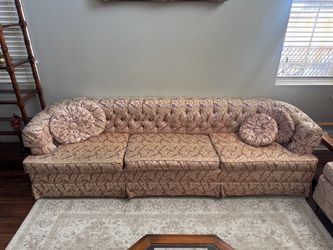 Vintage 1970s Mid Century Button Tuffed Long Sofa Couch Purple Pink Floral Retro