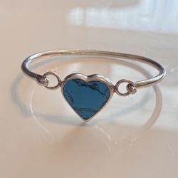 Sterling Silver 925, Turquoise Heart Shaped Stone Bangle Bracelet