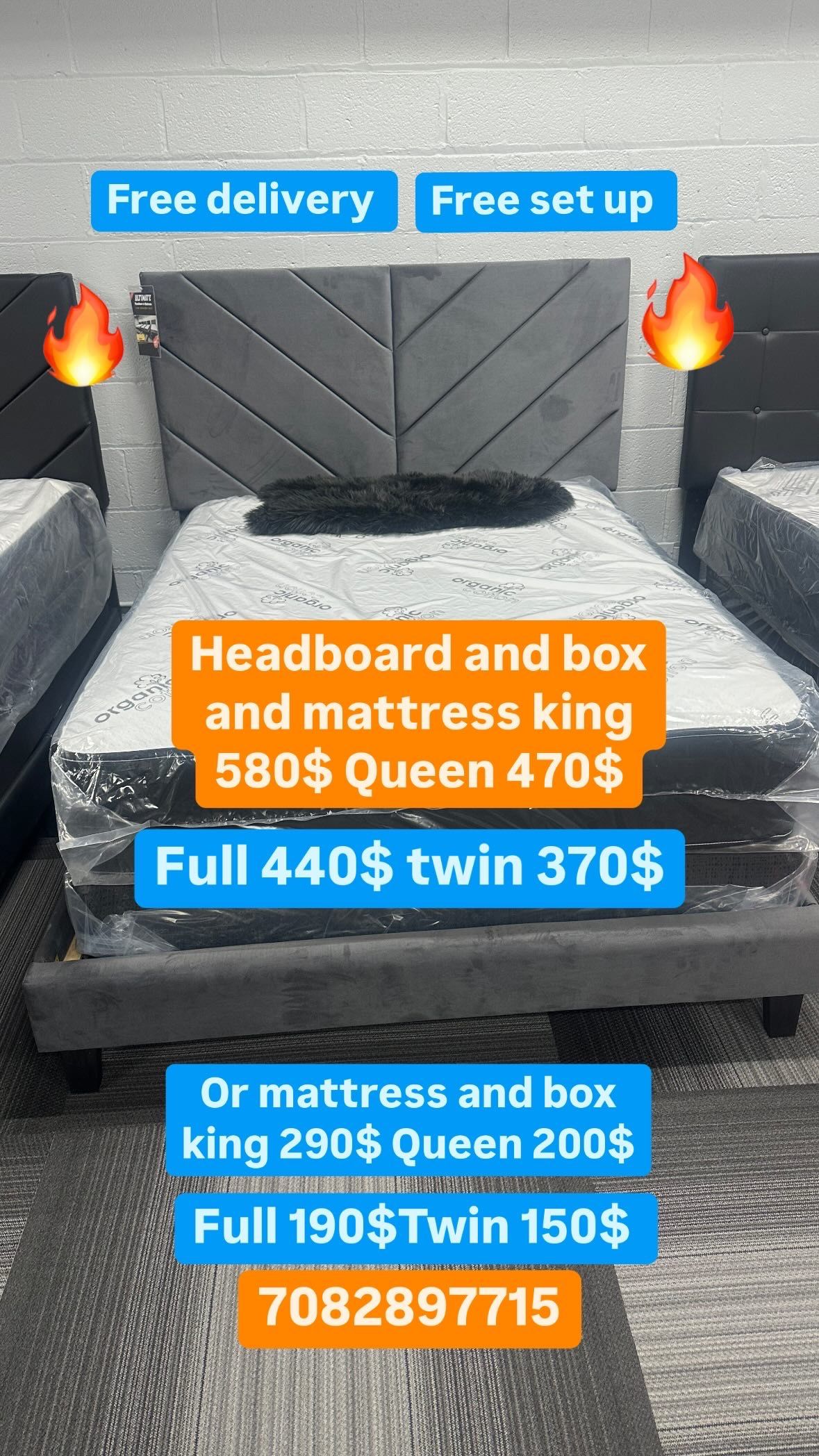 Huge sale for Mattress And Box Twin size mattress and box 150.$ full 190$ Queen 200$ king 290$. Mattress And Box and frame and headboard. King 580$ Qu