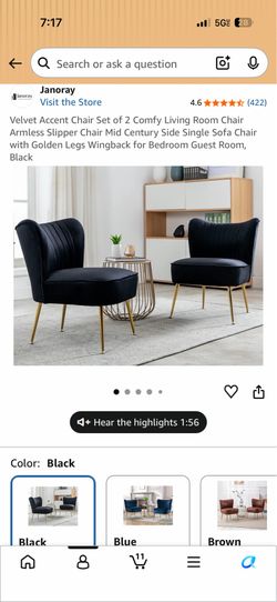 Velvet Accent Chair Set of 2 Comfy Living Room Chair Armless Slipper Chair Mid Century Side Single Sofa Chair with Golden Legs Wingback for Bedroom Gu