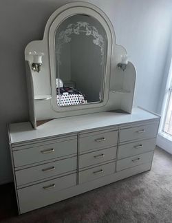 White Dresser with Etched Mirror and Lights