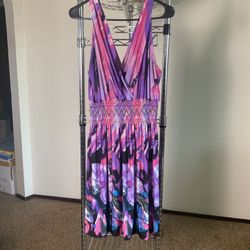 Womens Purple Pink Floral V-Neck Smocked Waist Dress Sleeveless M