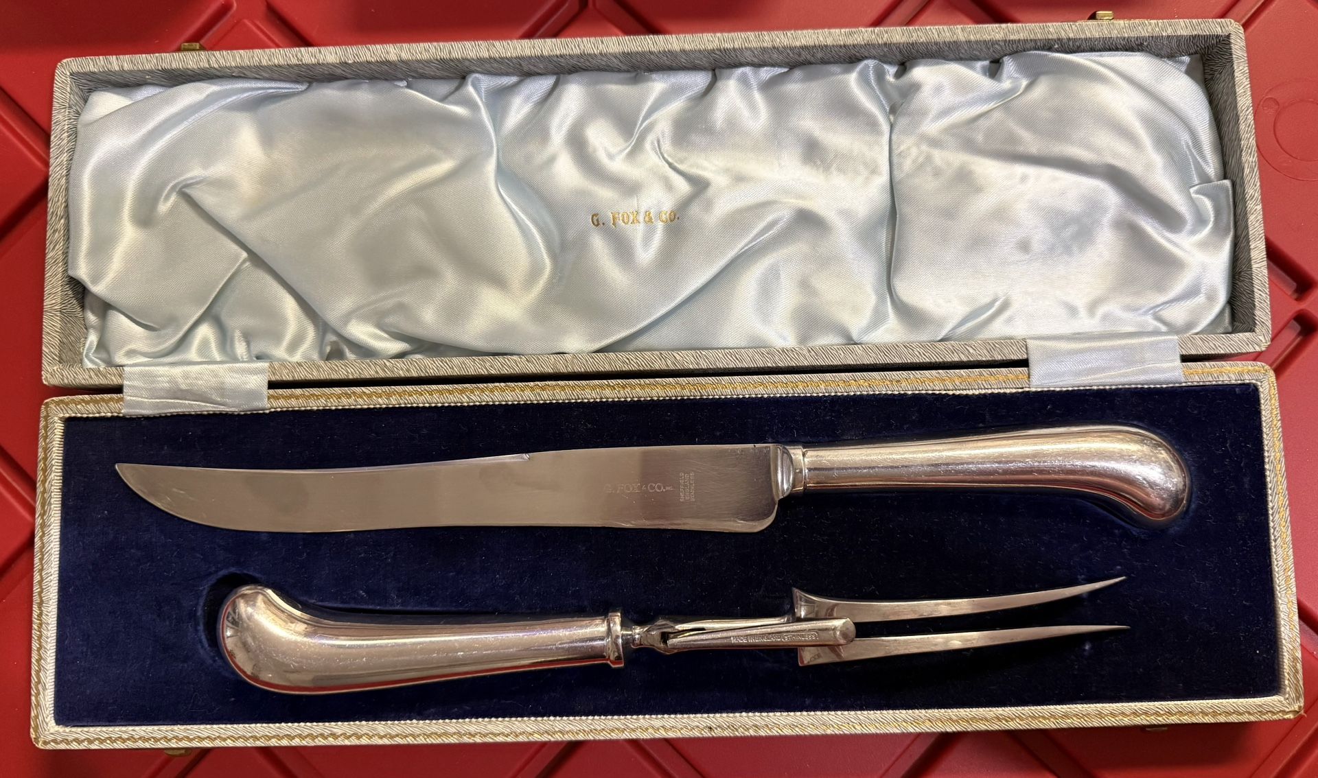 vintage G. Fox&Co. carving set, a knife and a carving fork, in a fitted box.