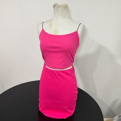 Pink Bodycon Two Piece Set Cut Out Top + Mini Skirt Y2K Party Clubwear 