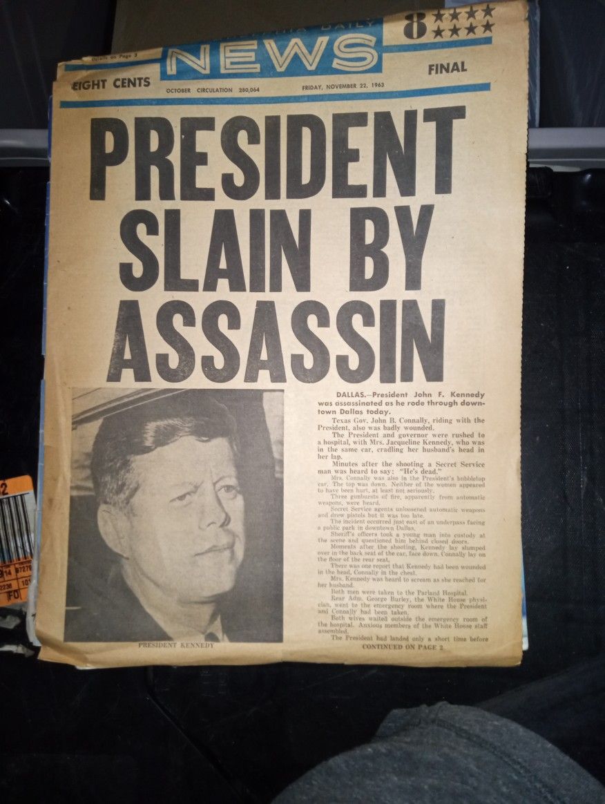 President slain. Front page headline. Philadelphia Daily News Nov. 22, 1963.. FINAL COPY noted in BLUE HIGHLIGHT of the Philadelphia Daily News. All 7