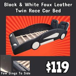NEW Black & White Faux Leather Twin Race Car Bed: Njft