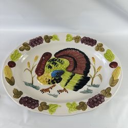Vintage Hand Painted Turkey Serving Platter Made in Japan 18.5” Thanksgiving