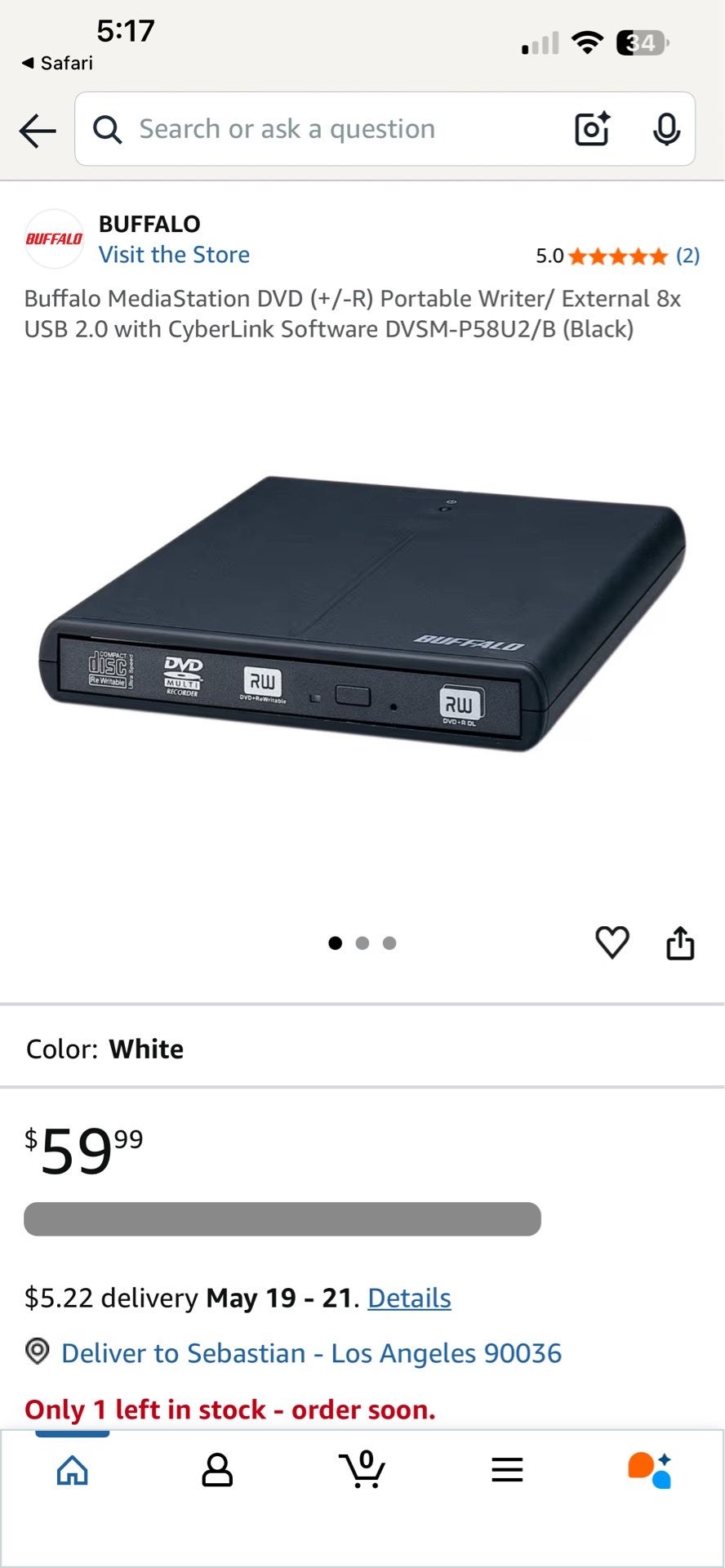 Buffalo MediaStation DVD (+/-R) Portable Writer/ External 8x USB 2.0 with CyberLink Software DVSM-P58U2/B (Black)