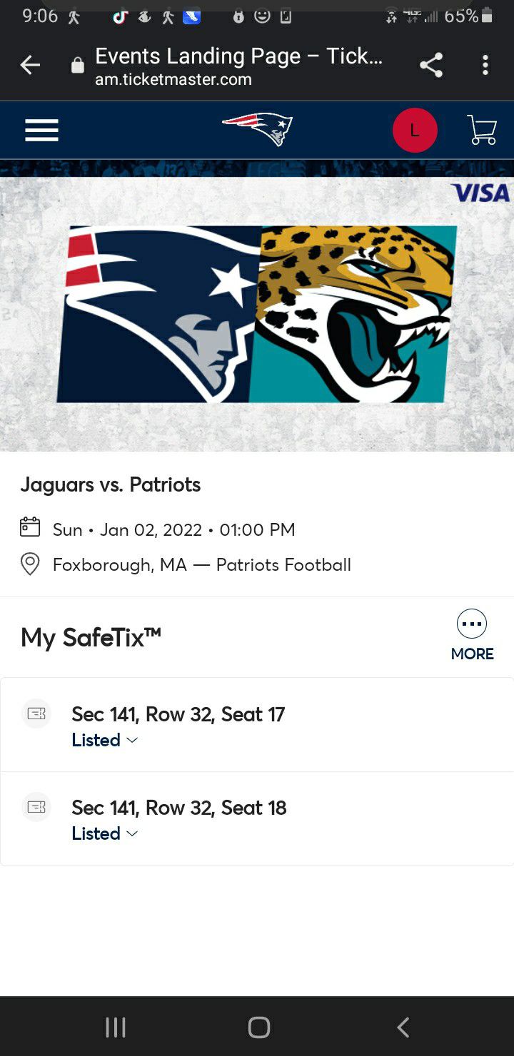 Two Patriots Tickets For Jacksonville Game