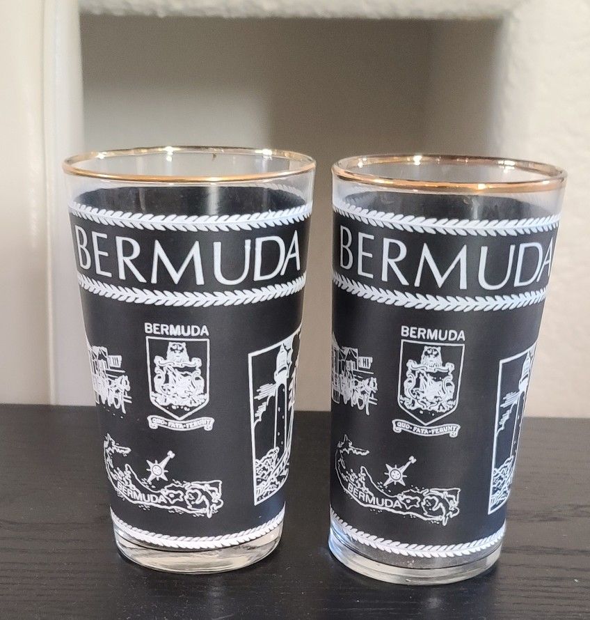 Vintage 60s MCM 
Black Highball Cocktail "Bermuda" Print Glasses Tumblers Set.