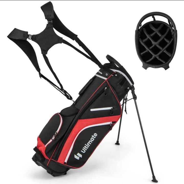 14-Way Golf Stand Bag W/ Cooler & Shoe Pocket, Rain Hood (Red/Black)