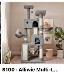 Alliwie Multi-Level Grey Cat Tree with Scratching Posts and Condos