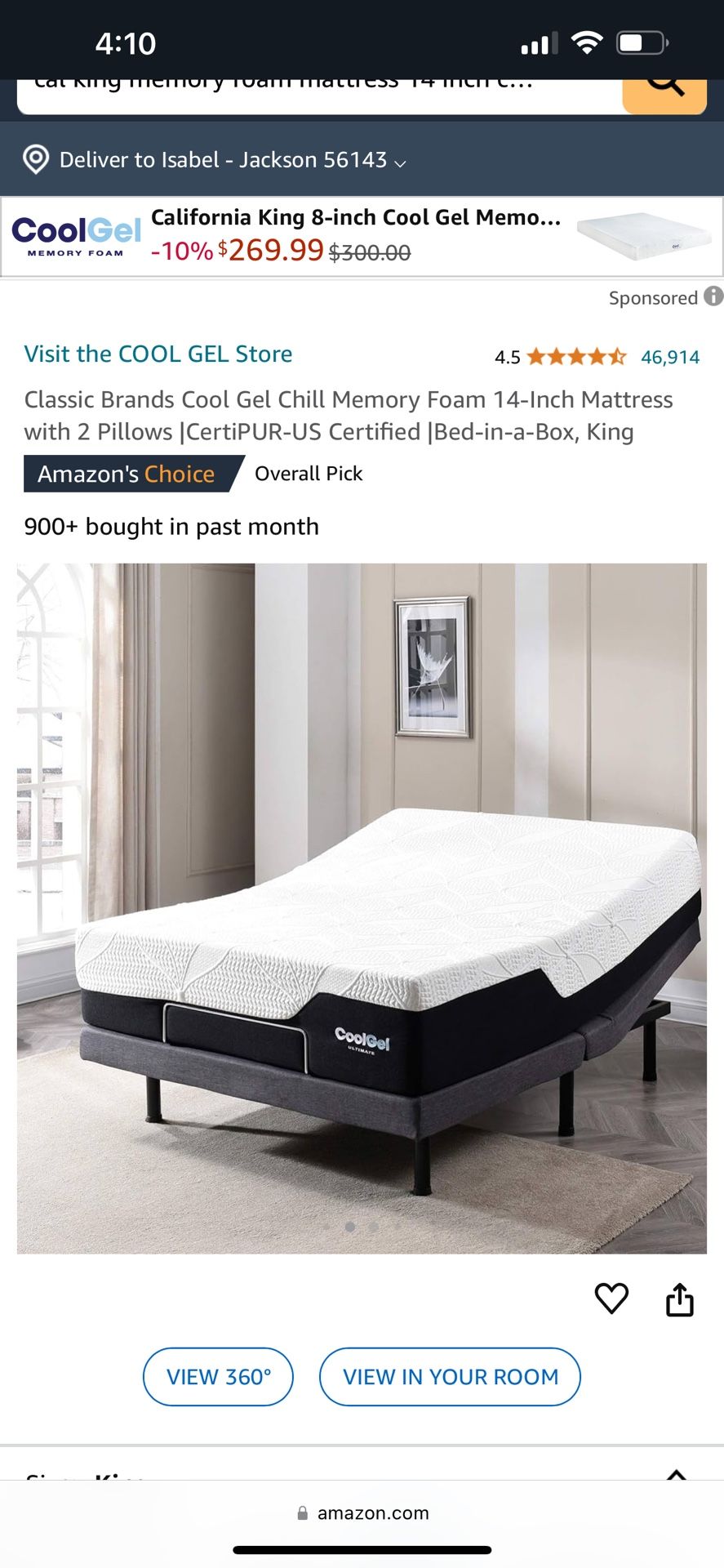 New California King Cool Gel Memory Foam 14” Mattress W/ Pillows