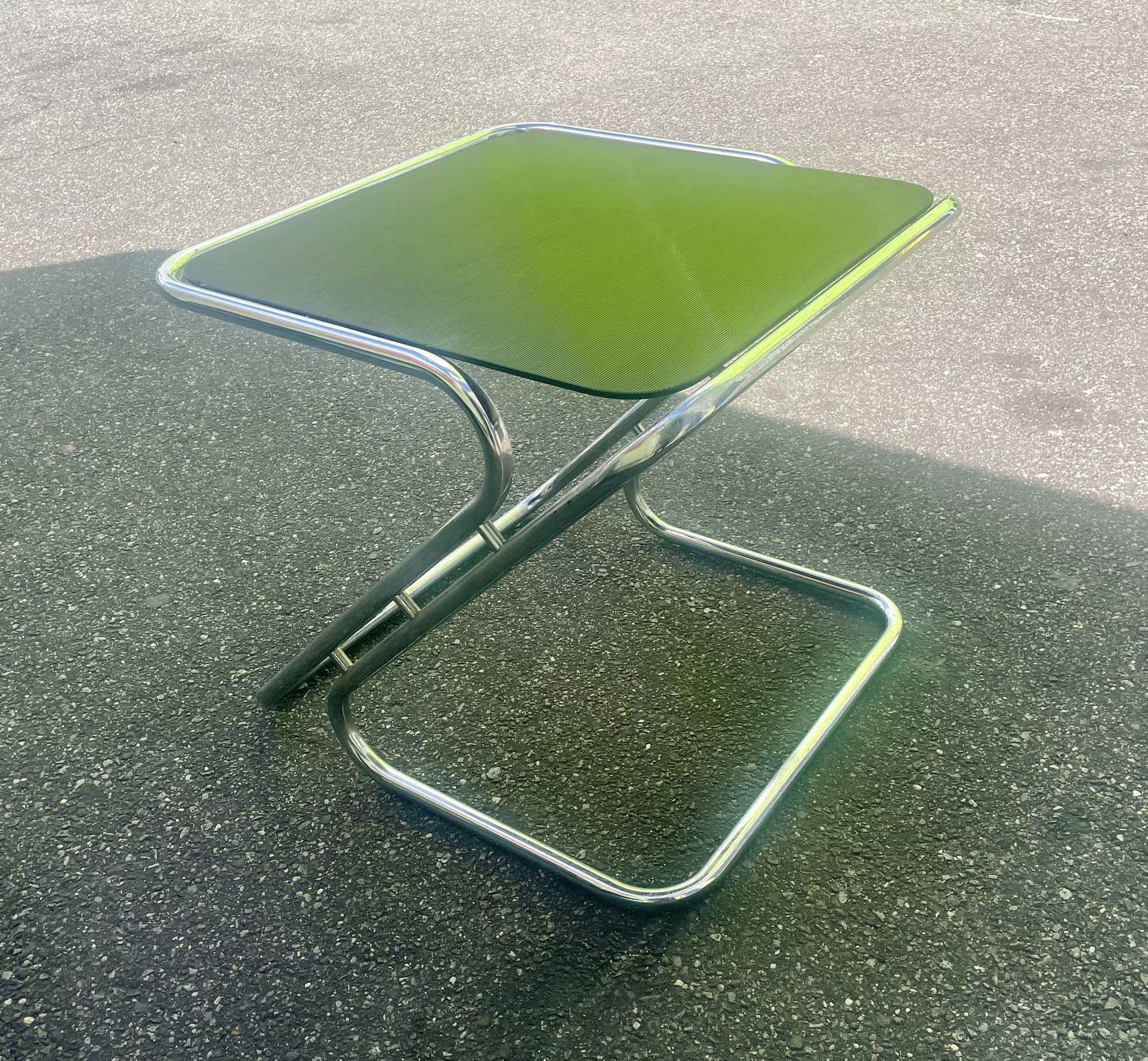 Mid Century Modern Tubular Chrome Glass Square Side Table (Needs TLC)